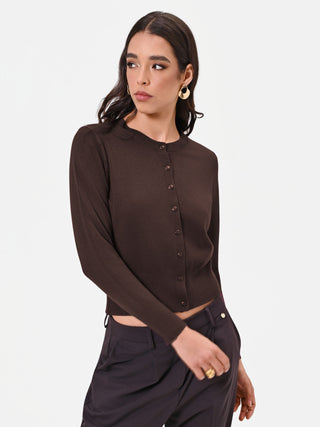 Dark Brown Viscose Button-Up Cardigan