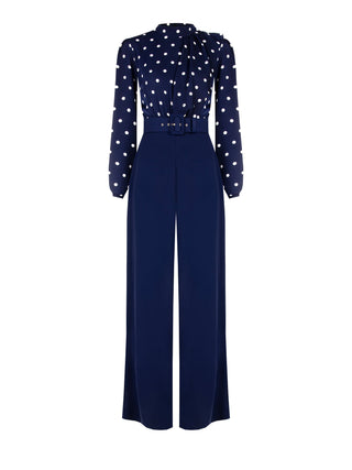 Tuta blu con blusa a pois e collo foulard