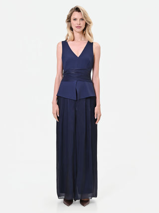 Fließender Jumpsuit aus changierendem Satin in Navyblau