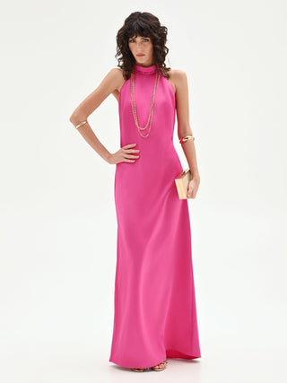 Abito lungo fuxia con scollo all'americana