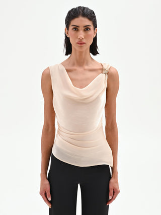 Light beige draped top in iridescent fabric