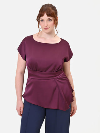 Burgundy Satin Curvy Blouse with Asymmetric Drape