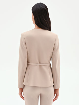 Taupe beige jacket with a belt and satin lapels