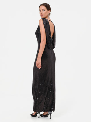 Abito lungo nero in paillettes con scollo a cappuccio