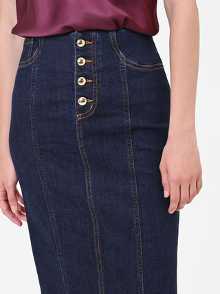 Jupe crayon en denim bleu marine à boutons dorés