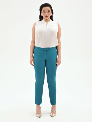 Pantalone Curvy blu ottanio con piega in scuba mano crepe