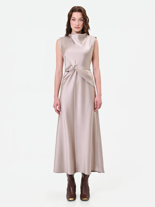 Robe longue beige taupe à nœud et drapé