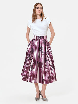 Plissee-Midirock mit floralem Print in Bordeauxrot