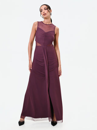 Abito lungo bordeaux rosso con corpino drappeggiato e tulle