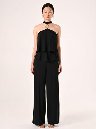Black Flouncy Jumpsuit with Jewel Detail