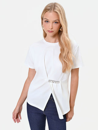 Cream White Draped T-Shirt with Rhinestones