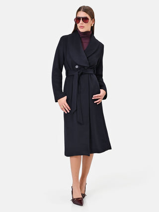 Cappotto lungo blu con collo a scialle