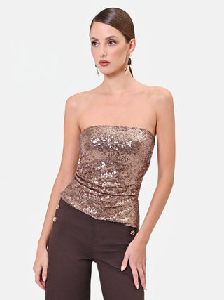 Top paillettes a fascia bronzo con drappeggio