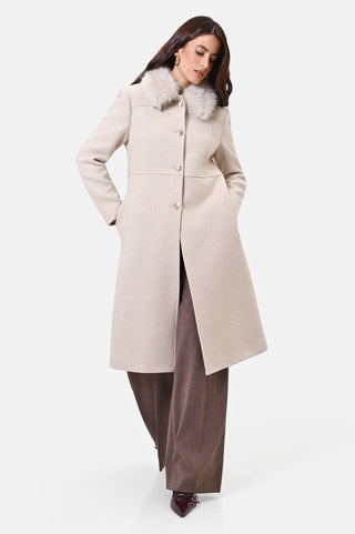 Cappotto monopetto tortora beige con collo effetto pelliccia