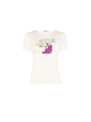 Śmietankowy T-shirt z artystycznym nadrukiem