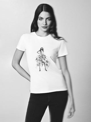 Cremefarbenes Baumwoll-T-Shirt mit Grafik-Print