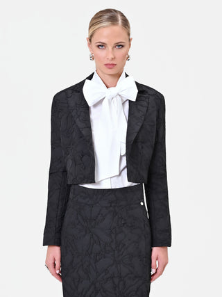 Giacca cropped nera in tessuto jacquard