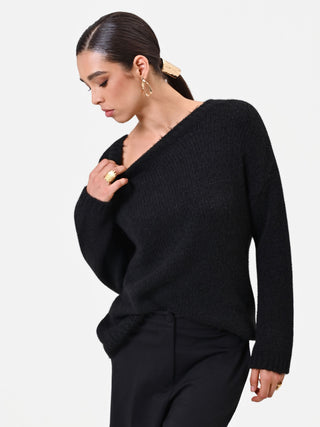 Black Wool Sweater with Fringed Neckline