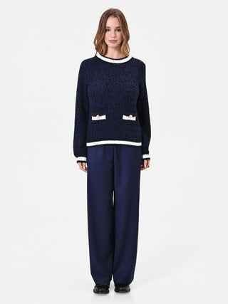 Maglia blu navy effetto tweed con profili a contrasto