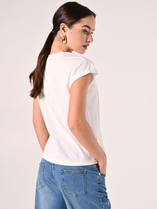 Cotton T-shirt with Rhinestone & Rose Print