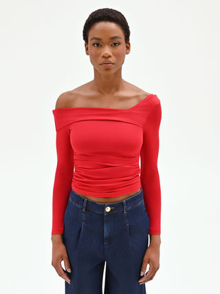Red Asymmetric Neckline T-shirt