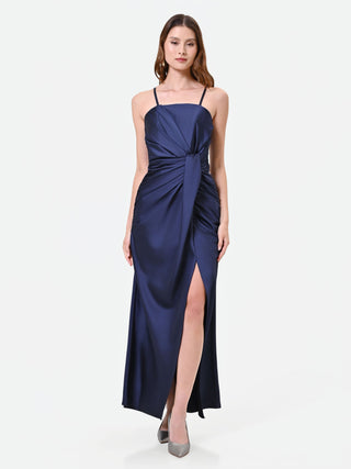 Abito lungo blu navy con nodo e drappeggio