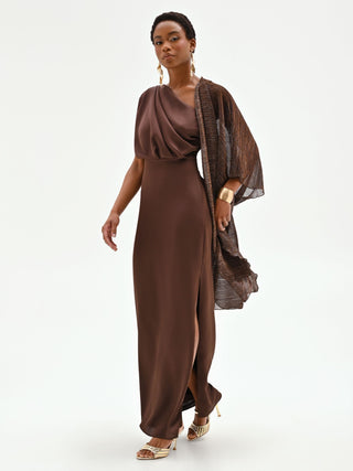 Chocolate One-Shoulder Draped Gown