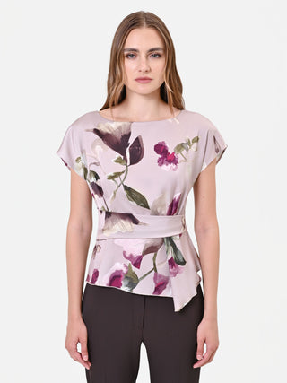 Floral-Print Taupe Satin Blouse