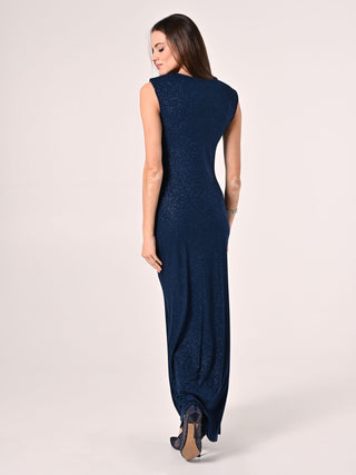 Robe bleue à fronces et micro-paillettes