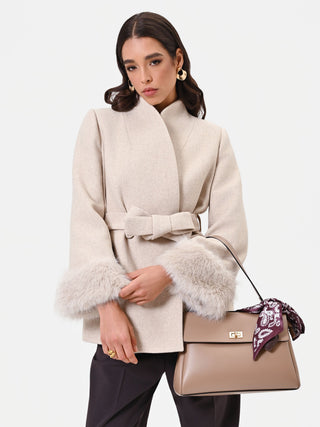 Short Beige Taupe Coat with Faux Fur Cuffs