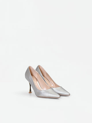 Silver Pointed-Toe Pumps with Gold Mirror Heel