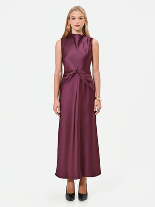 Long Burgundy Red Satin Dress with Draped Knot