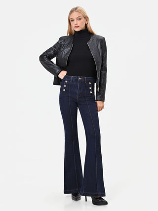 High-Waisted Navy Blue Marinière Flared Jeans