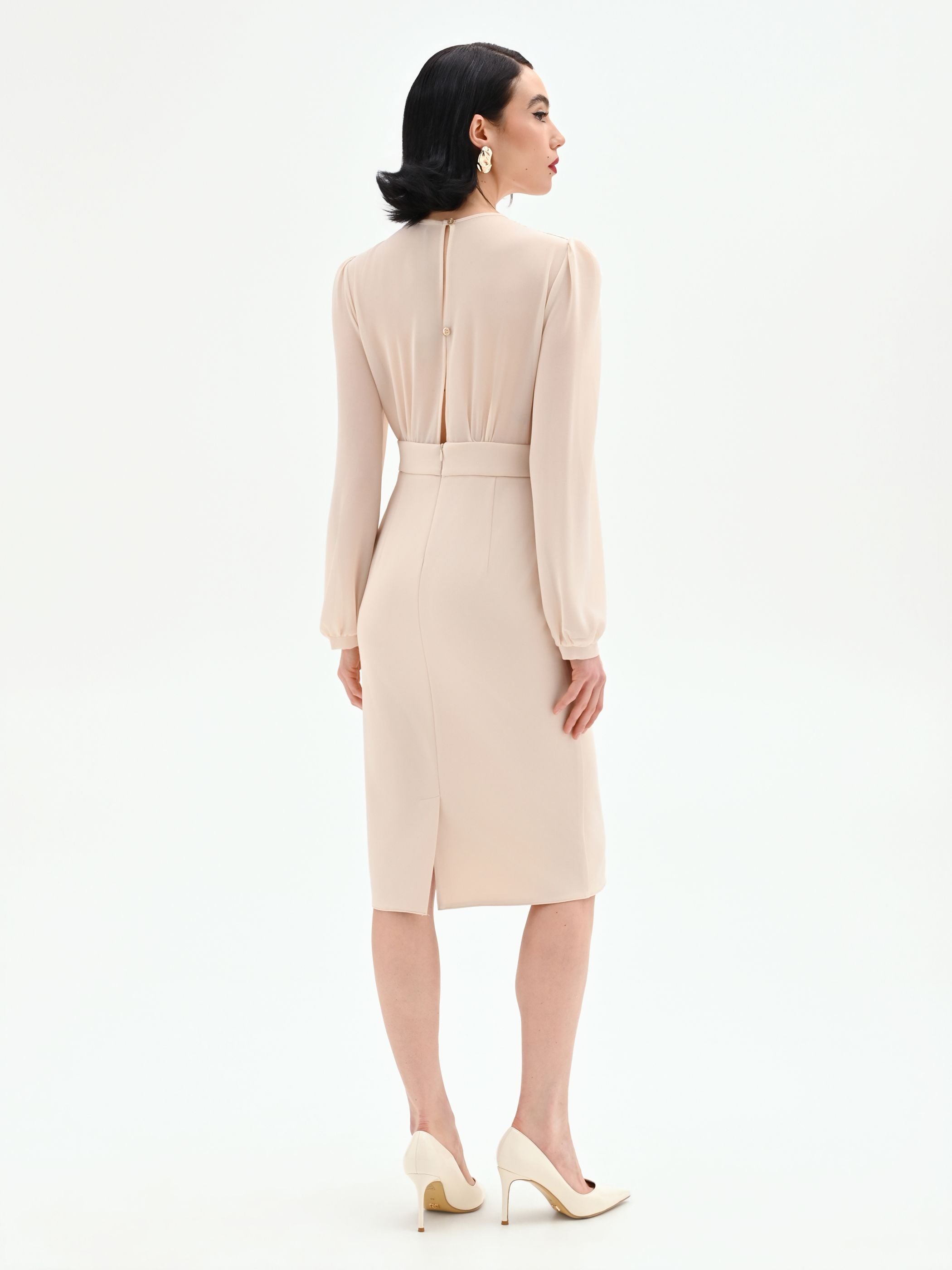 beige sheath dress with sleeves Beige V-Neck Long Sleeve Beaded Fringe Dress main image 0