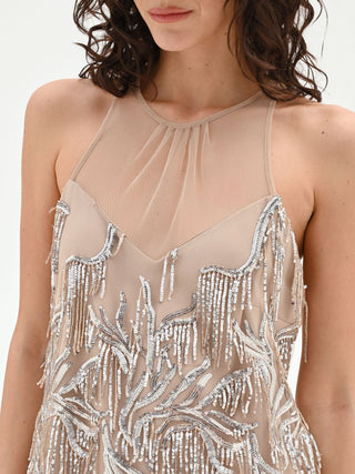 Robe courte taupe brodée de sequins