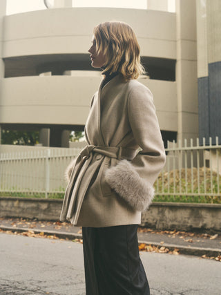 Short Beige Taupe Coat with Faux Fur Cuffs