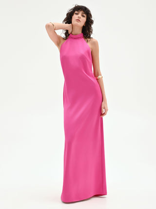 Abito lungo fuxia con scollo all'americana