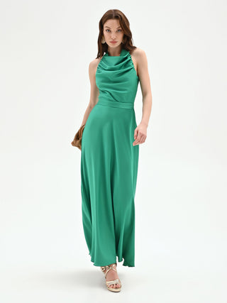 Abito lungo prato verde con scollo drappeggiato