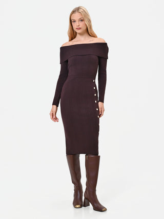 Dark Brown Viscose-Blend Midi Dress with Decorative Buttons