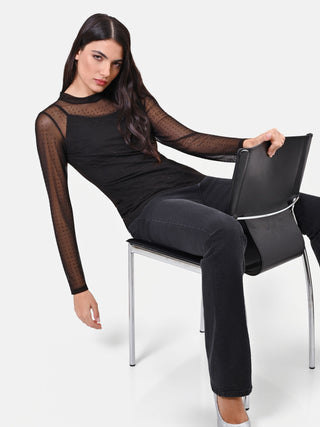 Black Layered Tulle T-Shirt with Rhinestones