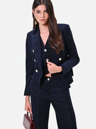 Navy Blue Velvet Double-Breasted Jacket