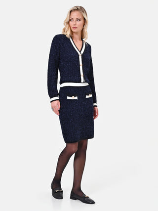 Gonna tubino in maglia blu navy con profili a contrasto