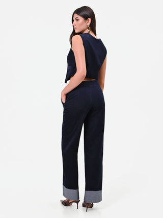 Navy Blue Velvet Trousers with Contrast Stitching