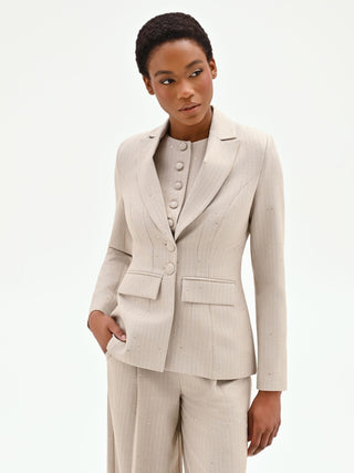 Fitted Beige Pinstripe Blazer with Subtle Sparkle