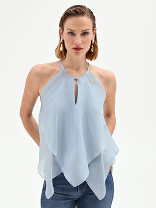 Sky Blue Asymmetric Ruffle Top