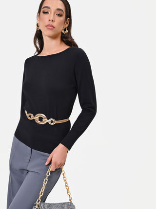 Black Viscose Boat Neck Sweater