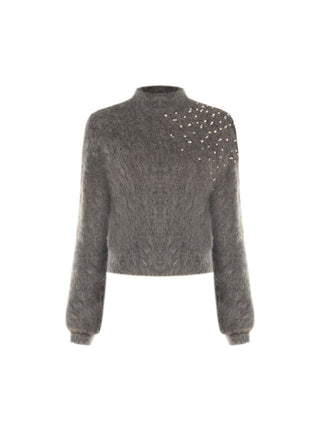 Maglia grigia in mohair con applicazione gioiello