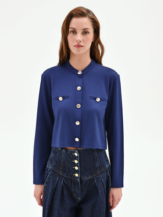 Cardigan blu morbido con bottoni dorati