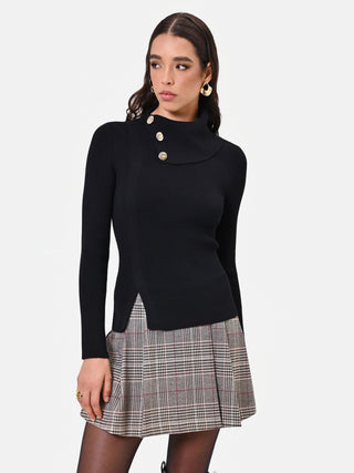 Maglia in viscosa nera con collo asimmetrico