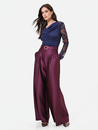 Pantalón palazzo de raso burdeos